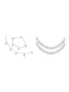 RUHI COLLECTION Set Of 4 Silver-Plated Stones Studded & Beaded Anklets