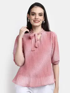 V-Mart Tie-Up Neck Self Design Puff Sleeves Cotton Top