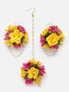 Aazeen Gold-Plated Floral-Pearl Beaded Haldi & Mehendi Maang Tika with Earrings