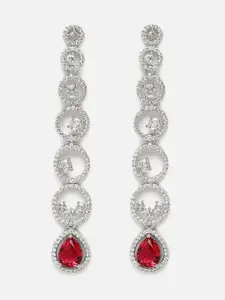 Aazeen Rhodium-Plated Circular American Diamond Studded Drop Earrings