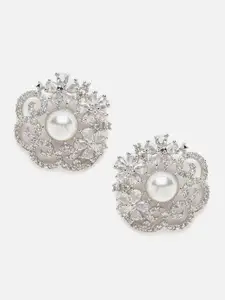 Aazeen Rhodium-Plated Floral Studs Earrings