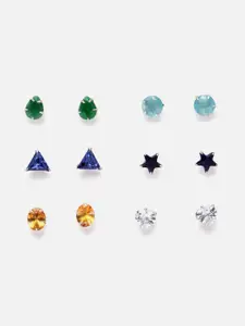 Aazeen Set of 6 Rhodium-Plated American Diamond Studded Geometric Studs Earrings