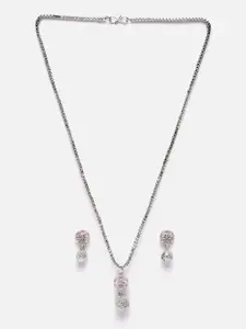 Aazeen Rhodium-Plated CZ Studded Floral Pendant With Earrings