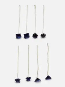 Aazeen Set of 4 Rhodium-Plated American Diamond Studded Contemporary Drop Earrings