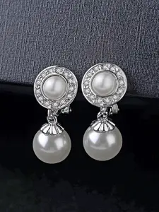 Peora Silver-Plated Contemporary Pearl Studded Drop Earrings
