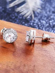 Peora Silver-Plated Contemporary American Diamond Studded Studs Earrings