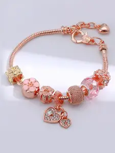 Peora Rose Gold-Plated Cubic Zirconia Studded Charm Bracelet