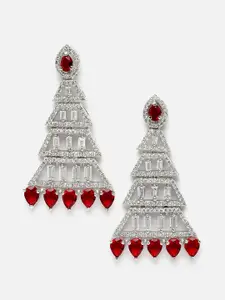 Aazeen Rhodium-Plated American Diamond Studded Triangular Drop Earrings