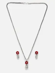 Aazeen Rhodium-Plated CZ Studded Pendant Necklace With Earrings