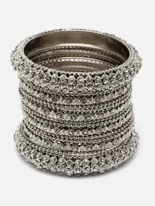 Aazeen Oxidised Set Of 28 Silver-Plated Stones Studded Bangles