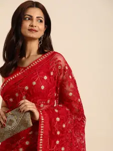 HERE&NOW Ethnic Motifs Embroidered Net Saree