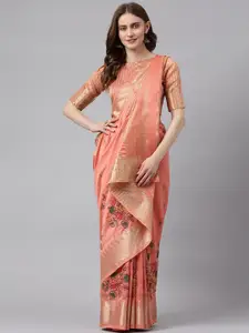 RAJGRANTH Peach & Pink Floral Embroidered Zari Silk Cotton Banarasi Saree