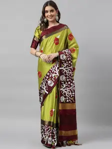 RAJGRANTH Green & Maroon Ethnic Motifs Embroidered Zari Silk Cotton Banarasi Saree
