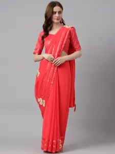 RAJGRANTH Pink & Gold-Toned Floral Embroidered Pure Georgette Saree