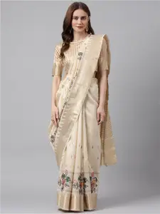 RAJGRANTH Cream & Gold Ethnic Motifs Embroidered Zari Silk Cotton Banarasi Saree
