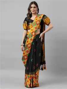 RAJGRANTH Black & Yellow Ethnic Motifs Embroidered Silk Cotton Banarasi Saree