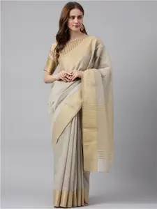 RAJGRANTH Grey & Gold-Toned Striped Woven Design Zari Banarasi Saree