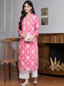 Varanga Women Floral Jaipuri Printed V-Neck Cotton Straight Kurta