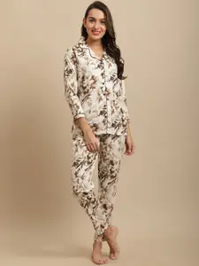 Claura Brown & White Floral Printed Pure Cotton Night Suit