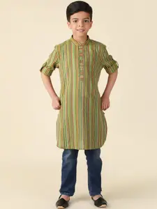 Fabindia Boys Striped Band Collar Curved Cotton Kurta