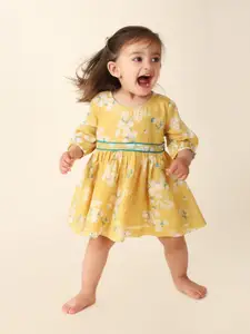 Fabindia Infant Girls Floral Print Puff Sleeve Fit and Flare Dress