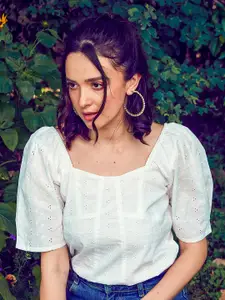 SASSAFRAS White Self Design Square Neck Puff Sleeves Pure Cotton Schiffli Top