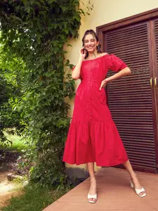 SASSAFRAS Red Off-Shoulder Self Design Schiffli Pure Cotton Fit & Flare Midi Dress