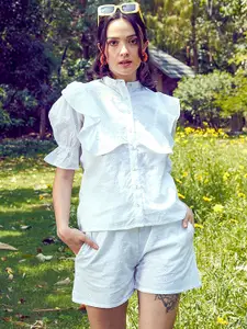SASSAFRAS White Schiffli Pure Cotton Shirt & Shorts