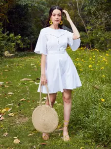 SASSAFRAS White Self Design Schiffli Pure Cotton Fit & Flare Mini Dress