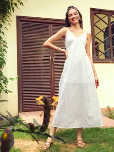 SASSAFRAS White Self Design Schiffli Pure Cotton A-Line Midi Dress