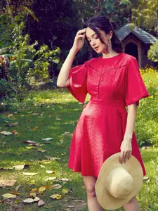 SASSAFRAS Red Self Design Pure Cotton Schiffli Fit & Flare Mini Dress