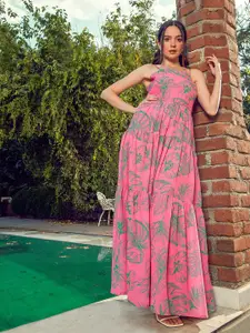 SASSAFRAS Pink Tropical Printed Georgette Tiered Fit & Flare Maxi Dress