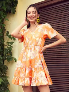 SASSAFRAS Orange Floral Printed Tiered Mini Fit & Flare Dress