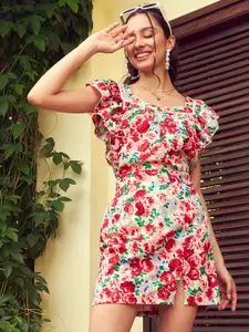 SASSAFRAS Red Floral Printed Sweetheart Neck Top With Skirt