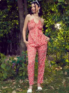 SASSAFRAS Red Floral Printed Peplum Top & Trouser