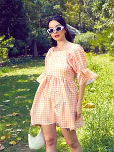 SASSAFRAS Peach Checked Puff Sleeves Fit & Flare Mini Dress