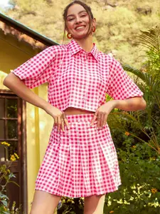 SASSAFRAS Pink Checkered Shirt With Skirts Co-Ords