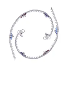 RUHI COLLECTION Silver-Plated Stone Studded & Beaded Anklets