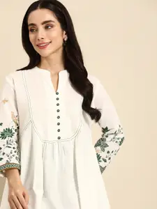 Anouk Floral Printed Pure Cotton Pleated Detail Longline A-Line Top