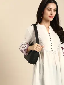 Anouk Floral Printed Pure Cotton Pleated Detail Longline A-Line Top