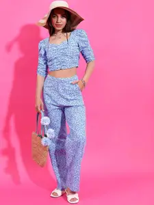 Tokyo Talkies Floral Printed Ruched Detail Crop Top & Highp-Rise Flared Trousers