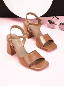 DressBerry Open Toe Leather Block Heels With Backstrap
