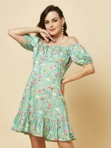 RAASSIO Floral Printed Off- Shoulder Puff Sleeves A-Line Dress