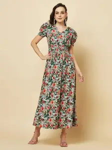 RAASSIO Floral Printed Puff Sleeves Fit & Flare Maxi Dress