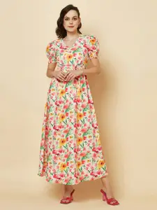 RAASSIO Floral Printed Puff Sleeves Fit & Flare Maxi Dress