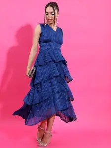 Tokyo Talkies Navy Blue Striped V-Neck Layered Fit & Flare Midi Dress