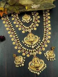 GRIIHAM Gold-Plated CZ-Studded & Pearls-Beaded Choker Temple Necklace Combo