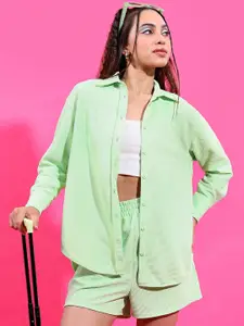 Tokyo Talkies Women Green Knitted Shirt With Shorts Set