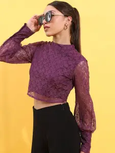 Tokyo Talkies Purple Self-Design Crop Lace Top