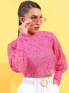 Tokyo Talkies Pink Puff Sleeve Lace Crop Top